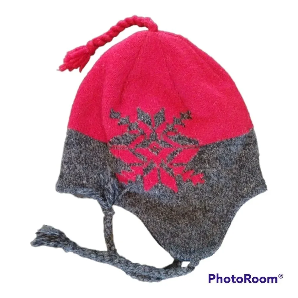 Red Gray Snowflake Holiday Wool Blend Knit Earflap Beanie Hat with Tassels